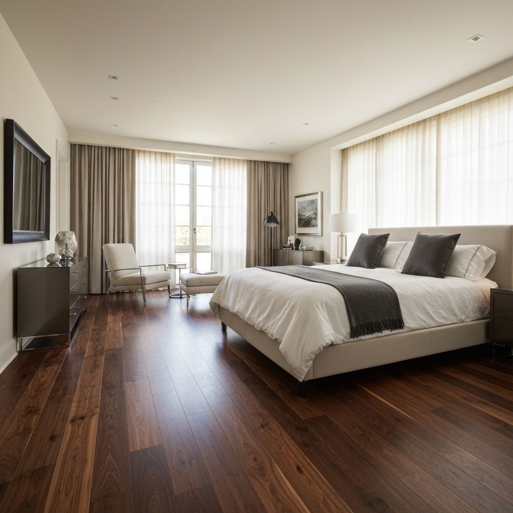Dark walnut hardwood flooring in a master bedroom