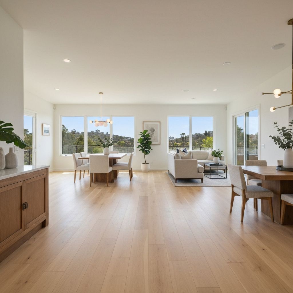 Wide plank maple hardwood floors in an open concept living room